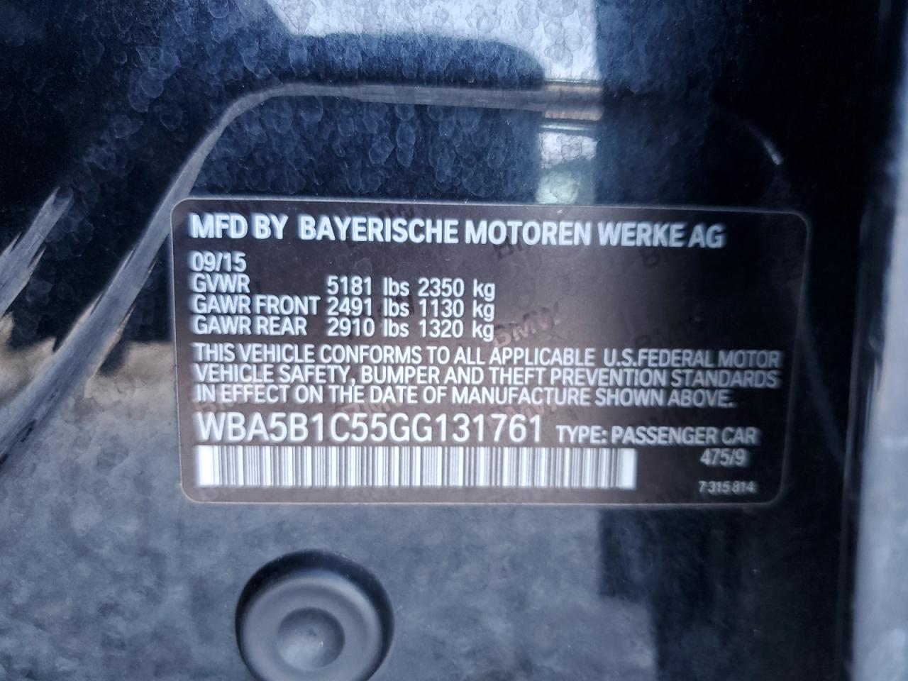 VIN WBA5B1C55GG131761 2016 BMW 5 SERIES no.12