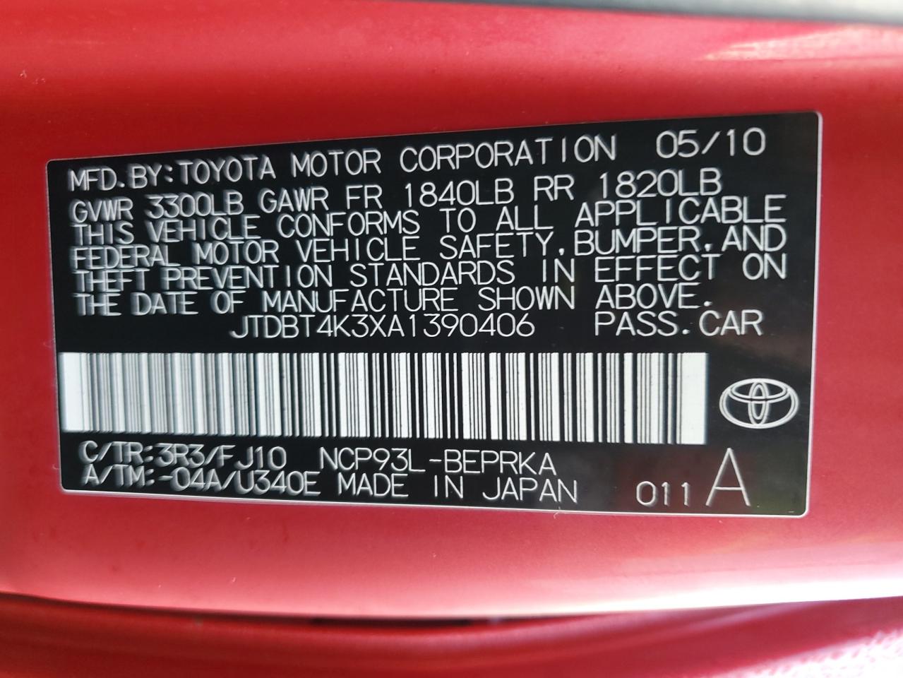 2010 Toyota Yaris VIN: JTDBT4K3XA1390406 Lot: 84381864