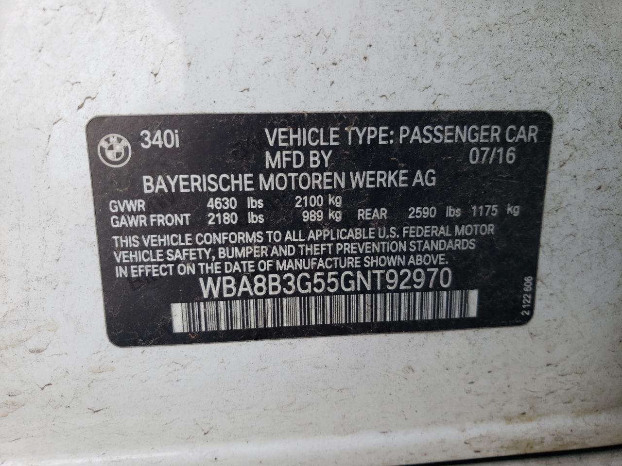 VIN WBA8B3G55GNT92970 2016 BMW 3 SERIES no.12