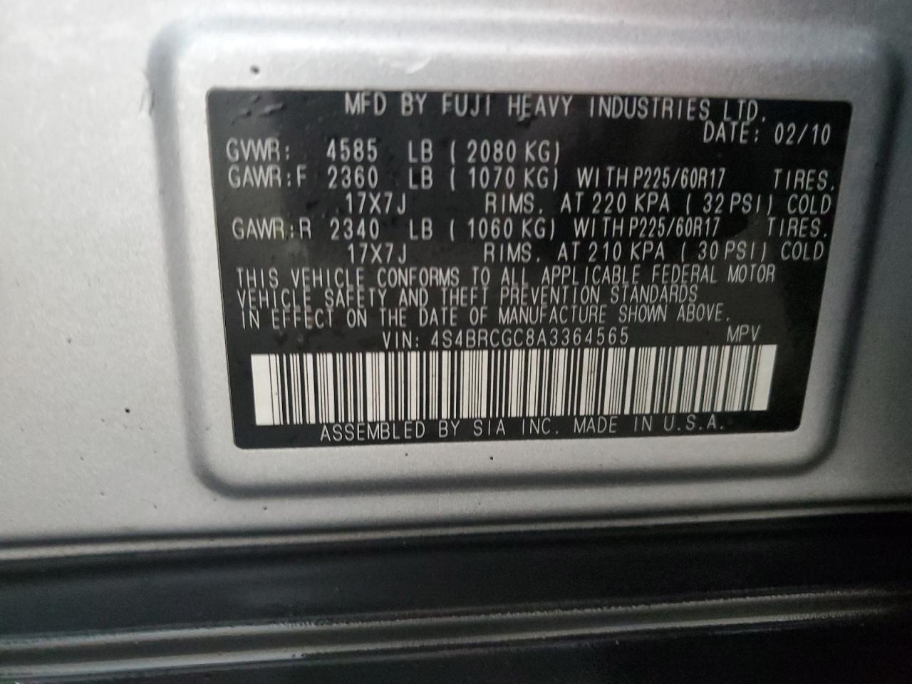 2010 Subaru Outback 2.5I Premium VIN: 4S4BRCGC8A3364565 Lot: 84619644