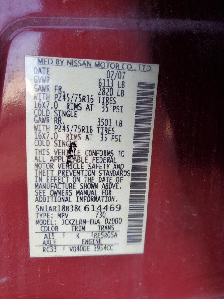 2008 Nissan Pathfinder S VIN: 5N1AR18B38C614469 Lot: 83896554