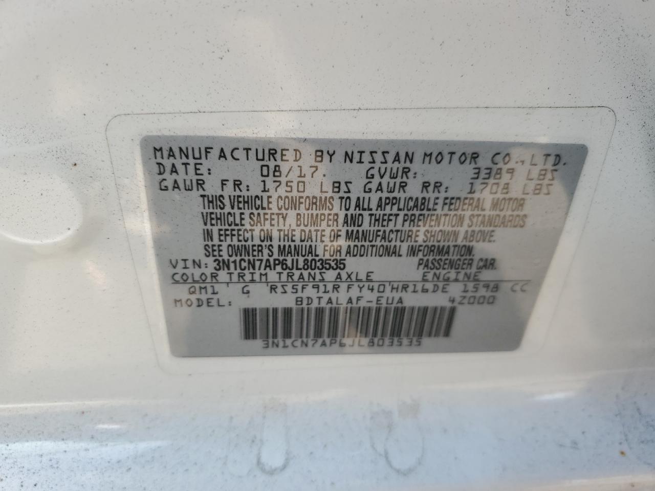 VIN 3N1CN7AP6JL803535 2018 NISSAN VERSA no.12