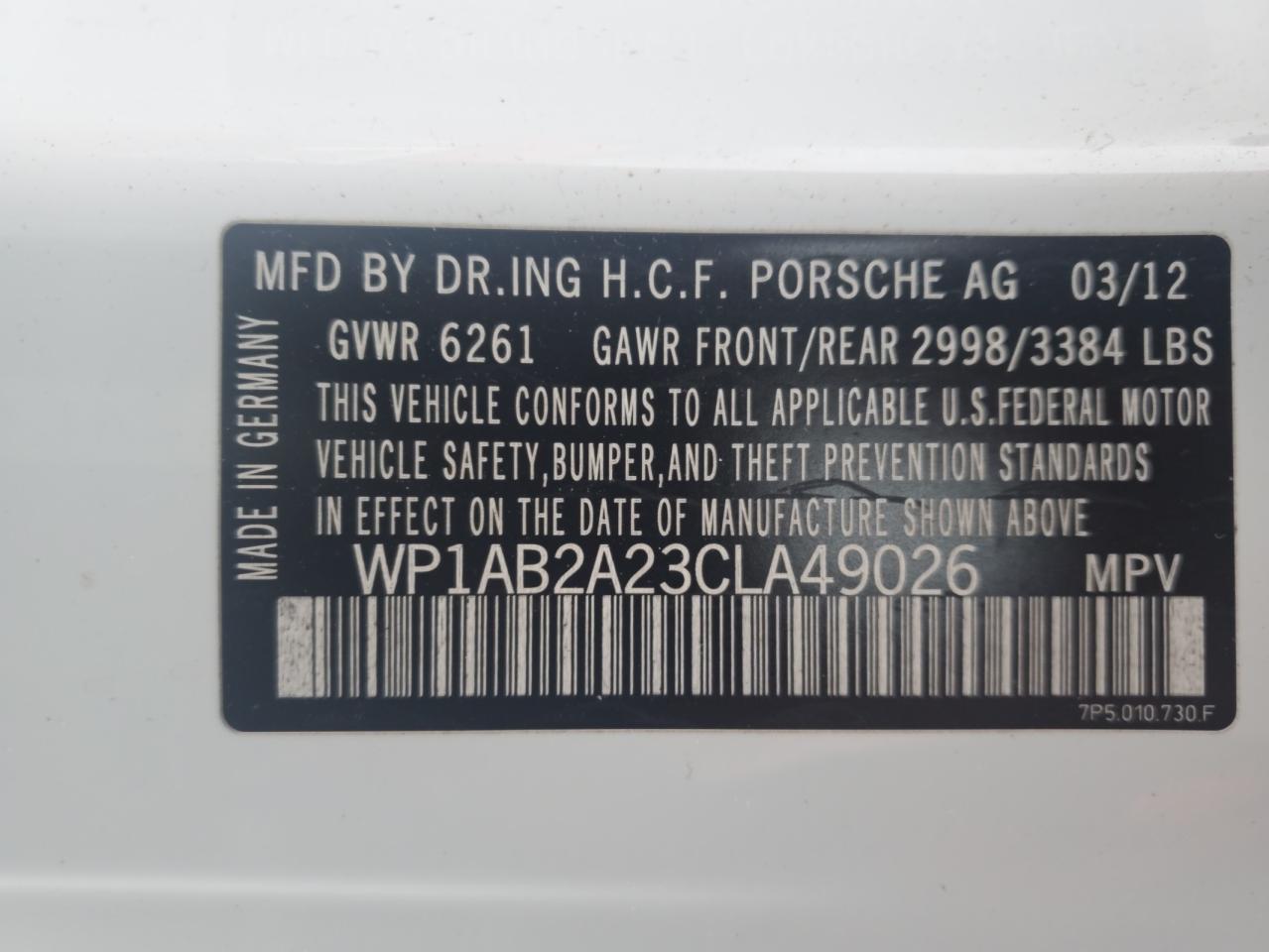 2012 Porsche Cayenne S VIN: WP1AB2A23CLA49026 Lot: 84497784