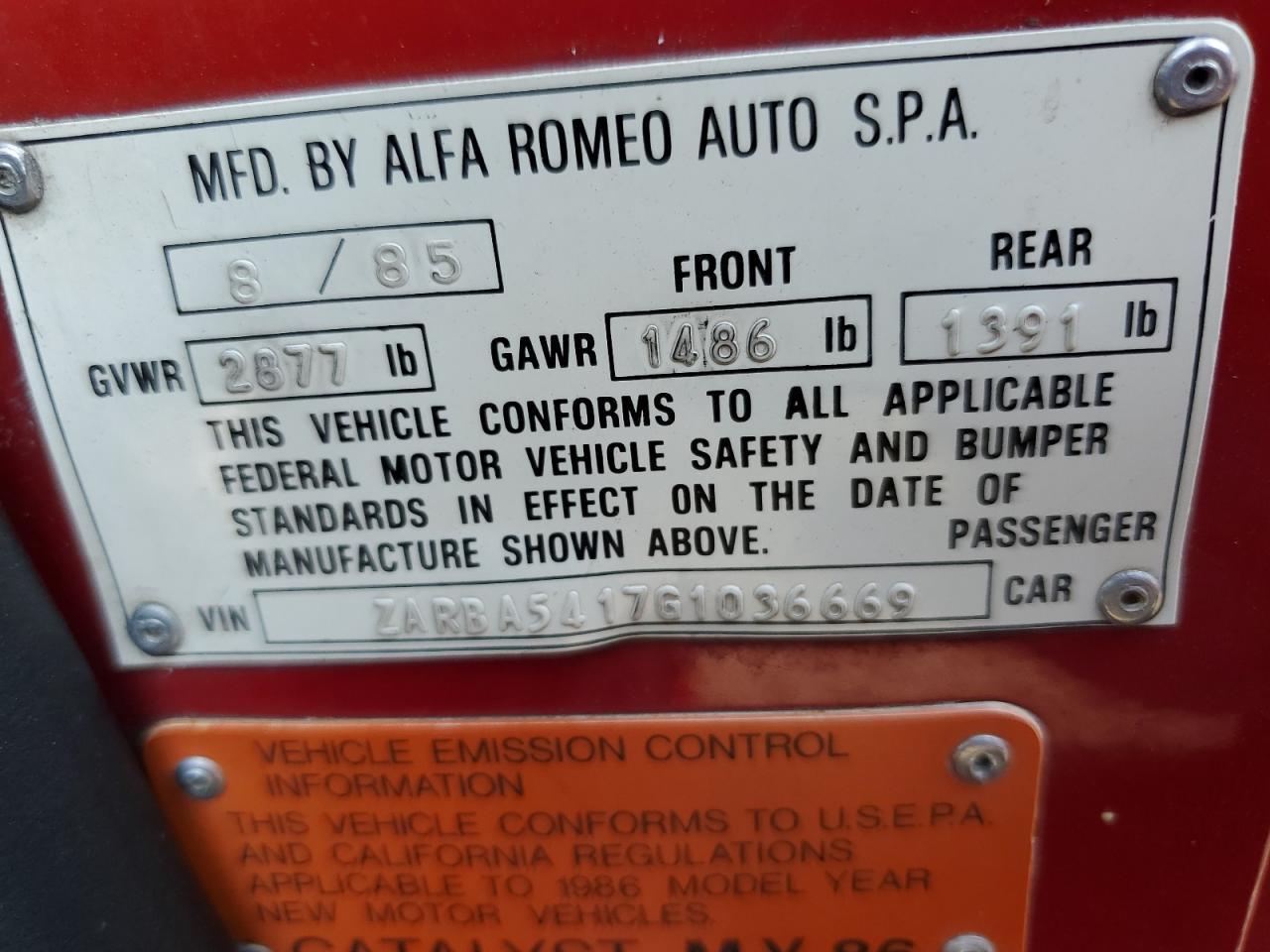 1986 Alfa Romeo Veloce 2000 Spider VIN: ZARBA5417G1036669 Lot: 83489434