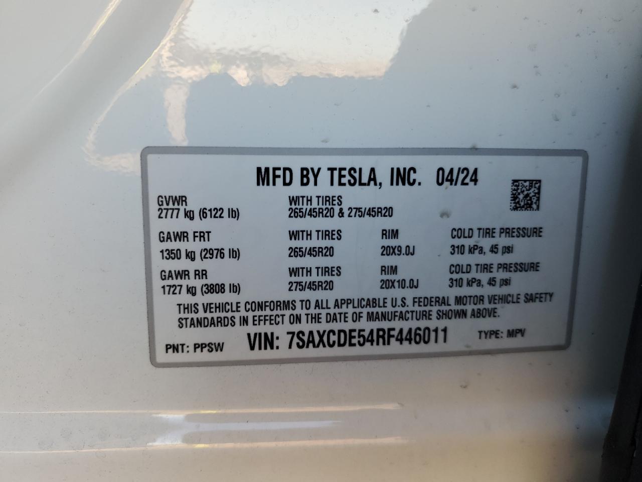 2024 Tesla Model X VIN: 7SAXCDE54RF446011 Lot: 85751464