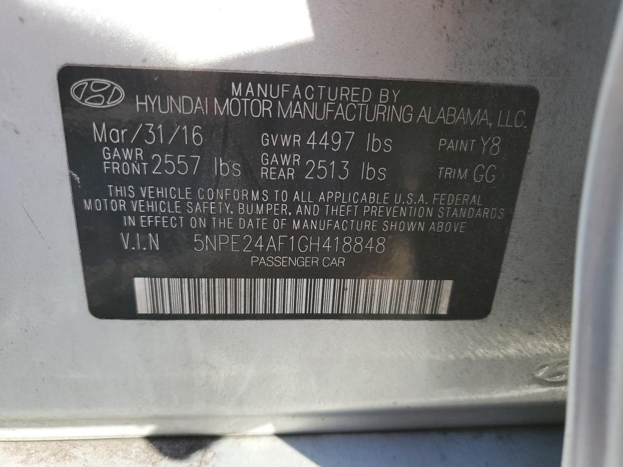 VIN 5NPE24AF1GH418848 2016 HYUNDAI SONATA no.12