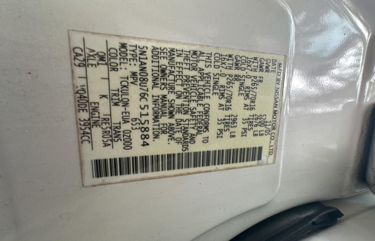 2006 Nissan Xterra Off Road VIN: 5N1AN08U76C515884 Lot: 84238504