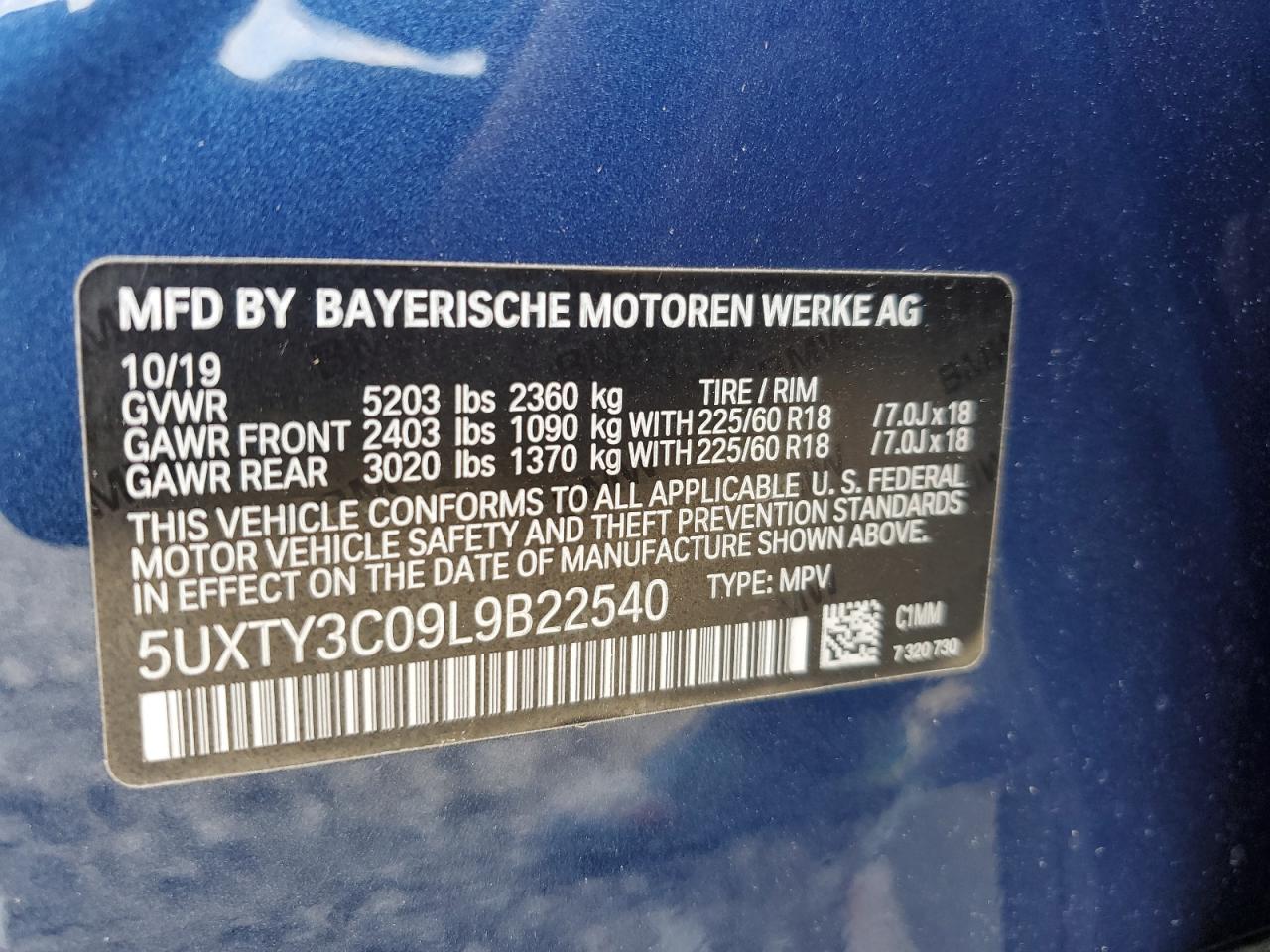 VIN 5UXTY3C09L9B22540 2020 BMW X3 no.13