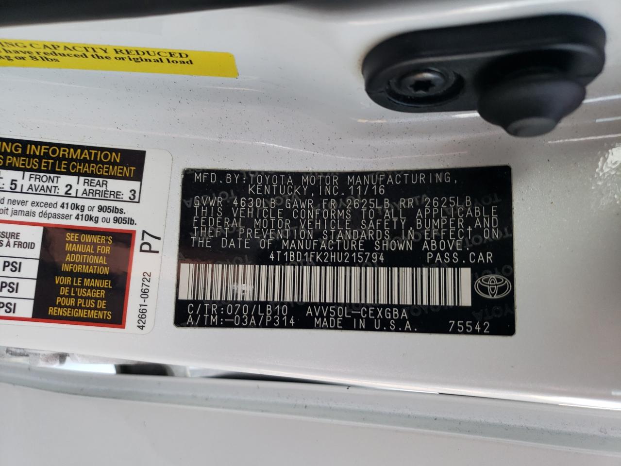 VIN 4T1BD1FK2HU215794 2017 TOYOTA CAMRY no.12