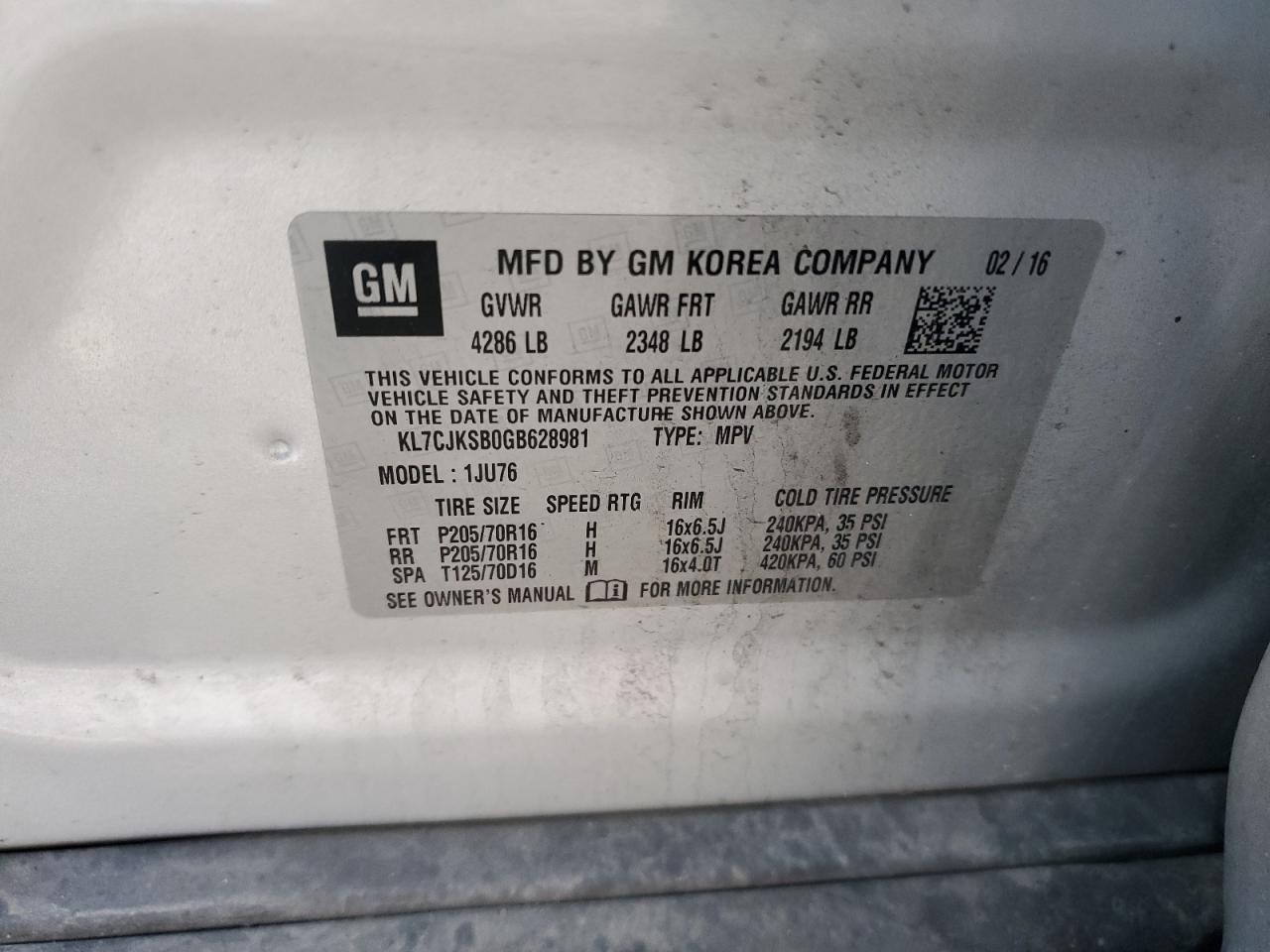 VIN KL7CJKSB0GB628981 2016 CHEVROLET TRAX no.12