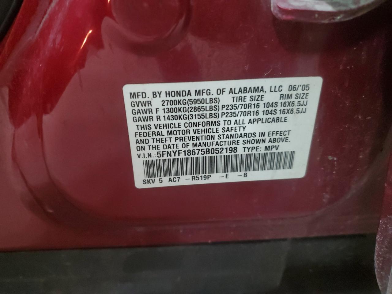 2005 Honda Pilot Exl VIN: 5FNYF18675B052198 Lot: 84488584