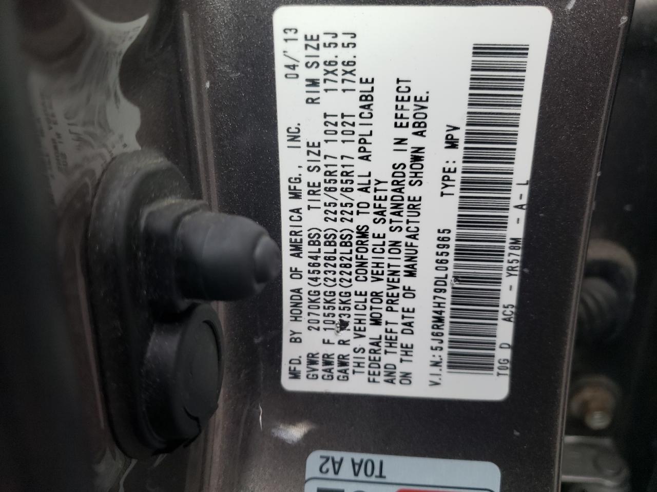 2013 Honda Cr-V Exl VIN: 5J6RM4H79DL065965 Lot: 85559314