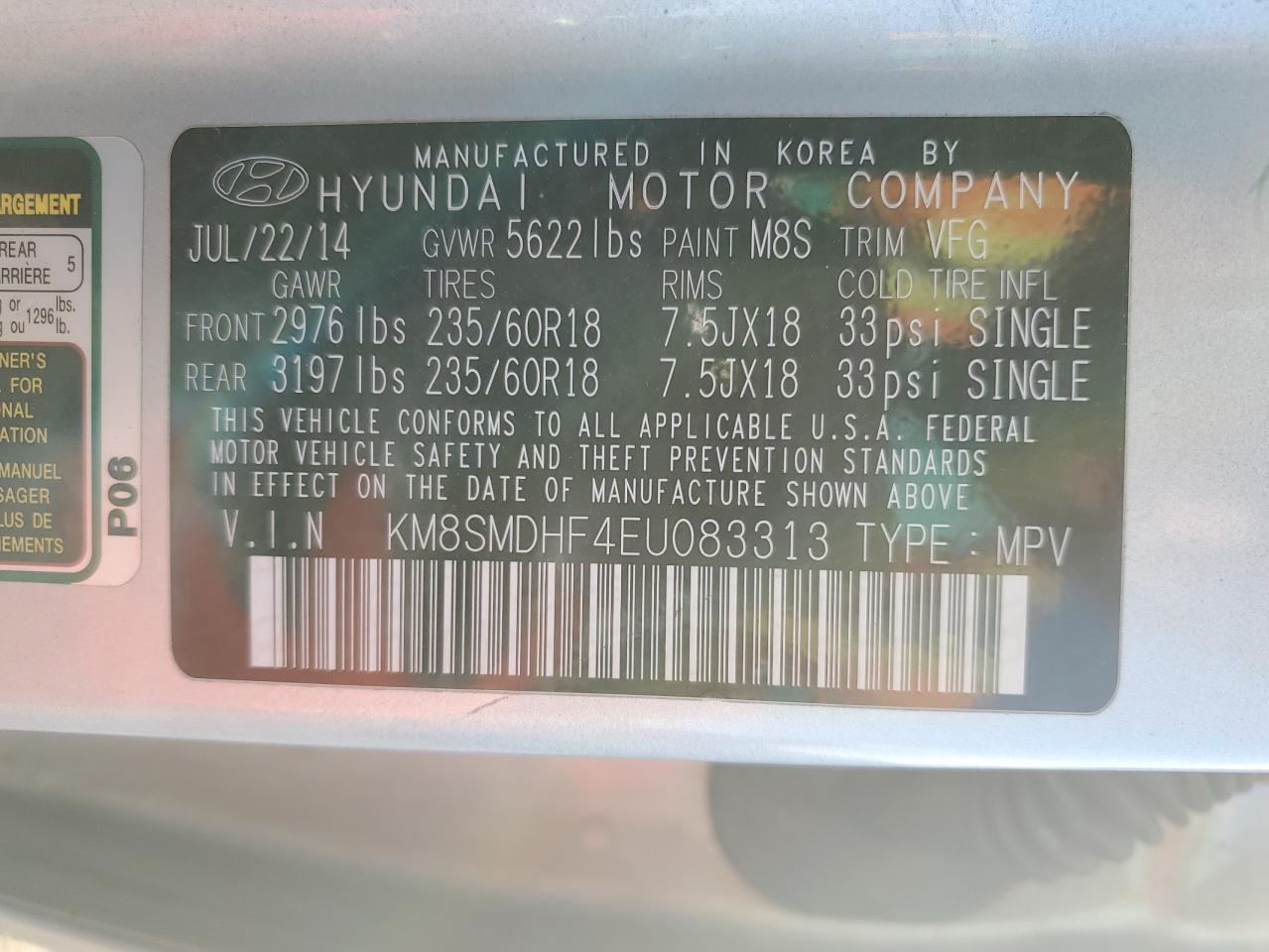 VIN KM8SMDHF4EU083313 2014 HYUNDAI SANTA FE no.13