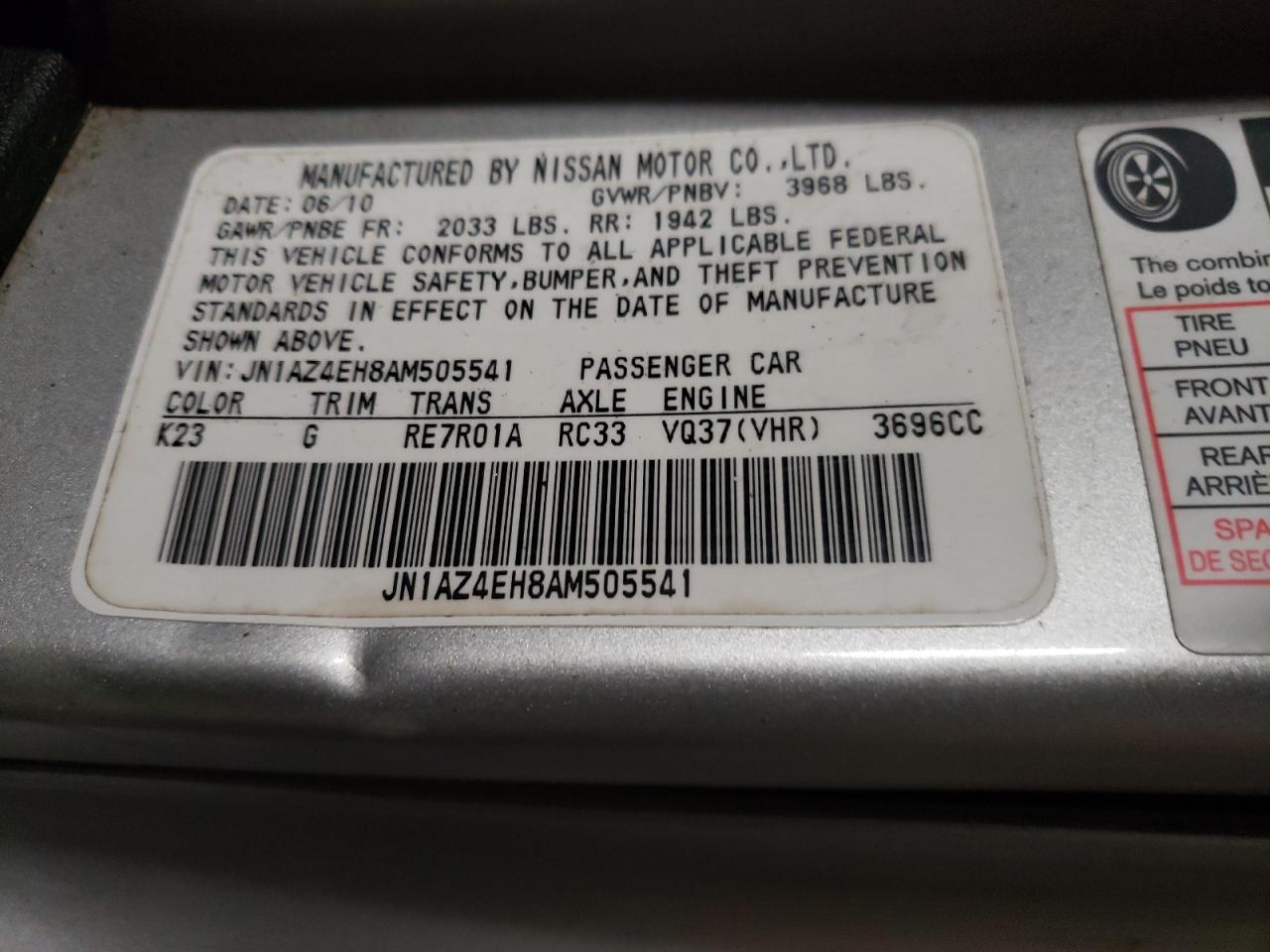 2010 Nissan 370Z VIN: JN1AZ4EH8AM505541 Lot: 80988544