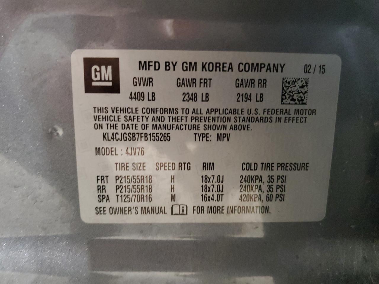2015 BUICK ENCORE with FRONT END damage, VIN KL4CJGSB7FB155265