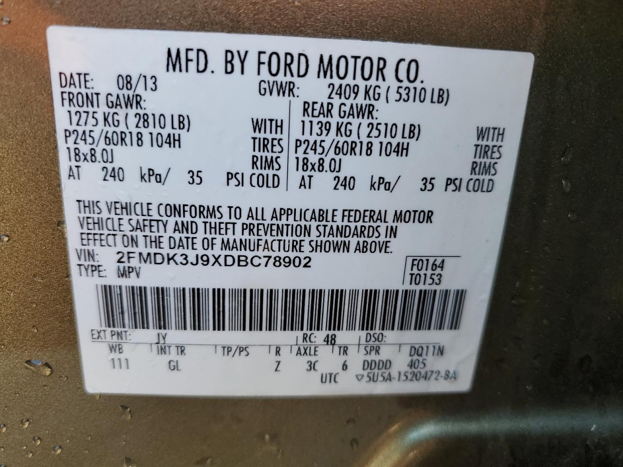 VIN 2FMDK3J9XDBC78902 2013 FORD EDGE no.13