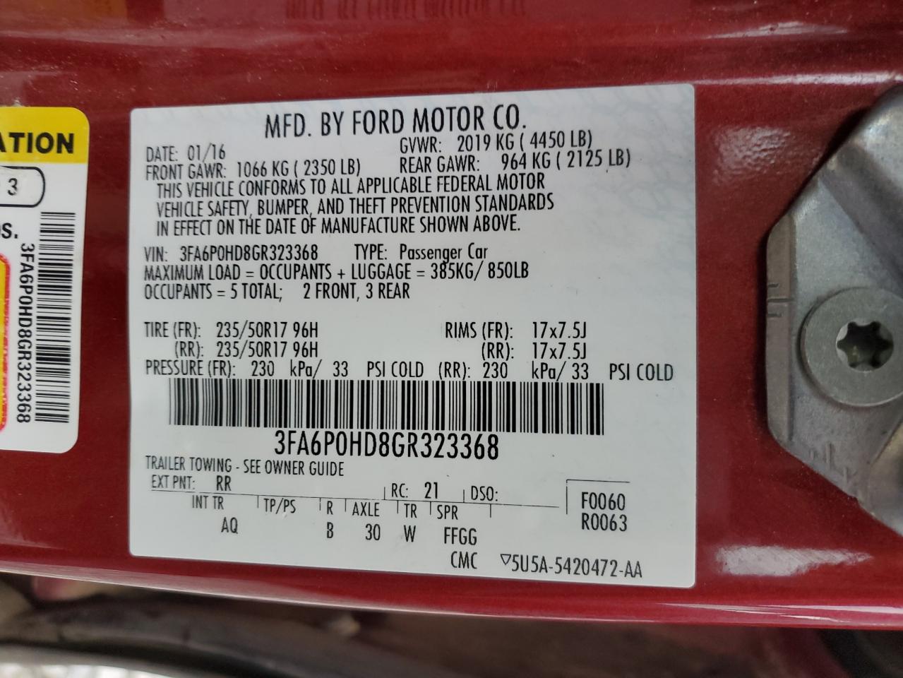 VIN 3FA6P0HD8GR323368 2016 FORD FUSION no.12