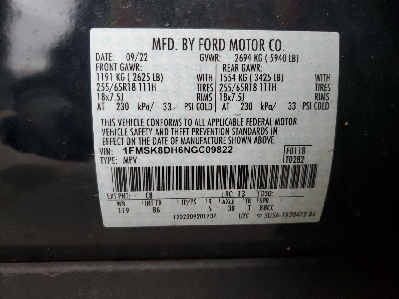 2022 Ford Explorer Xlt VIN: 1FMSK8DH6NGC09822 Lot: 85723794