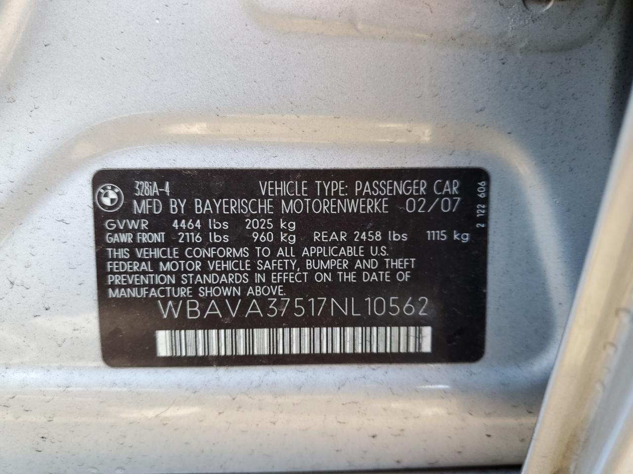 2007 BMW 328 I VIN: WBAVA37517NL10562 Lot: 84607384