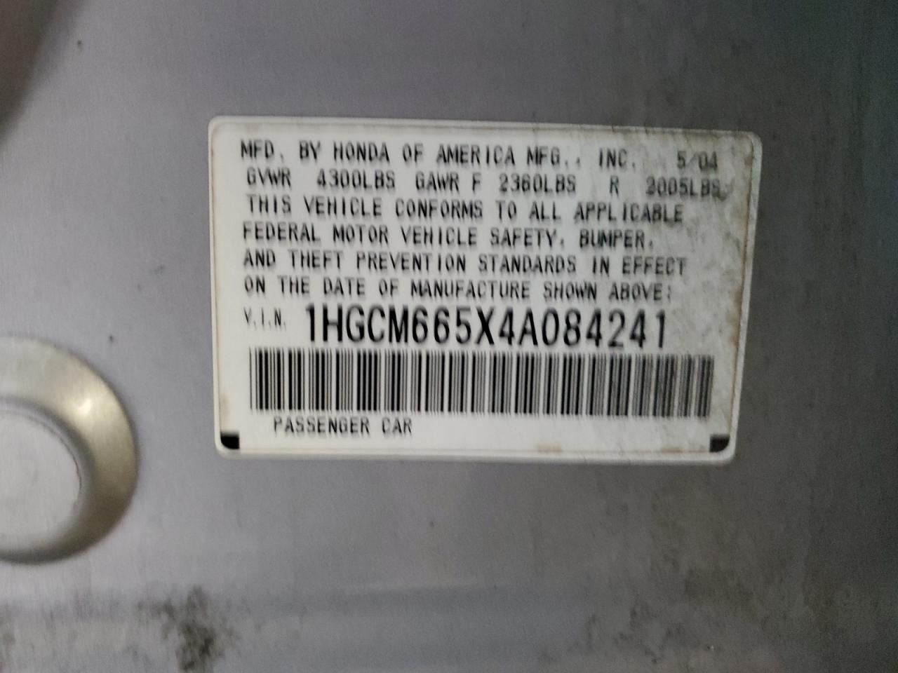 2004 Honda Accord Ex VIN: 1HGCM665X4A084241 Lot: 85891844