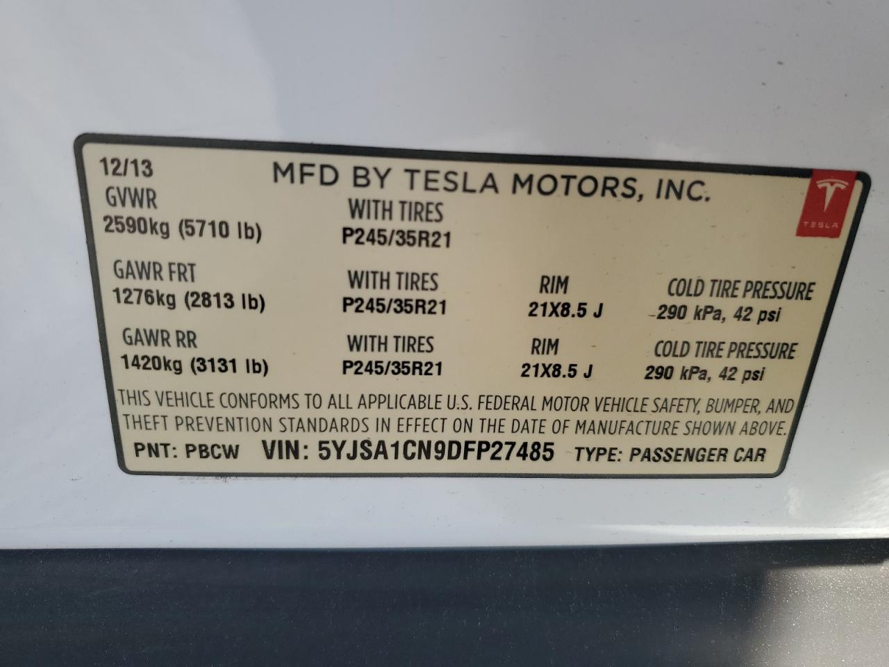 2013 Tesla Model S VIN: 5YJSA1CN9DFP27485 Lot: 85325664