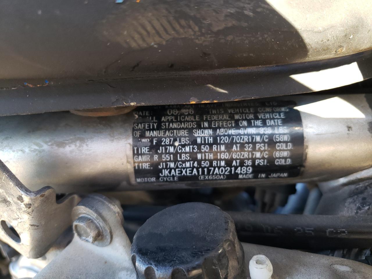 2007 Kawasaki Ex650 A VIN: JKAEXEA117A021489 Lot: 84049694
