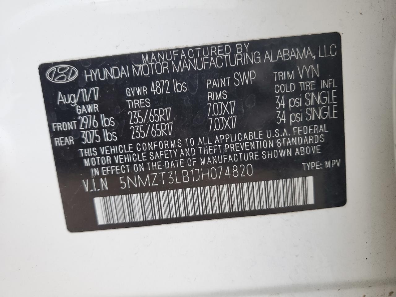 VIN 5NMZT3LB1JH074820 2018 HYUNDAI SANTA FE no.13