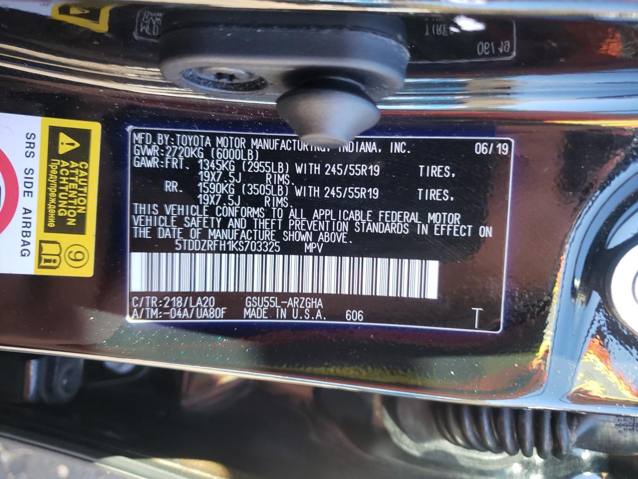 VIN 5TDDZRFH1KS703325 2019 TOYOTA HIGHLANDER no.13