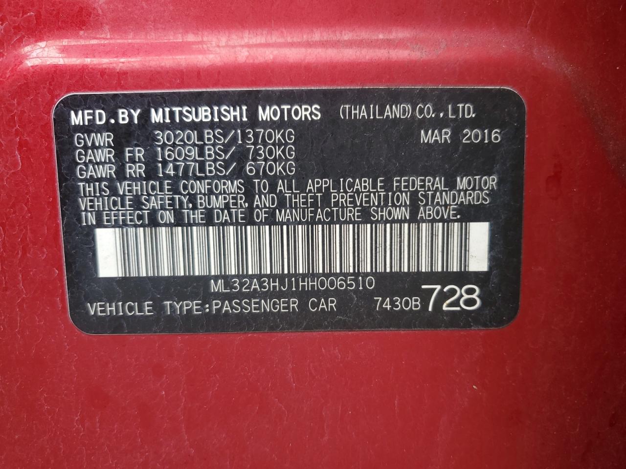 2017 Mitsubishi Mirage Es VIN: ML32A3HJ1HH006510 Lot: 86906664