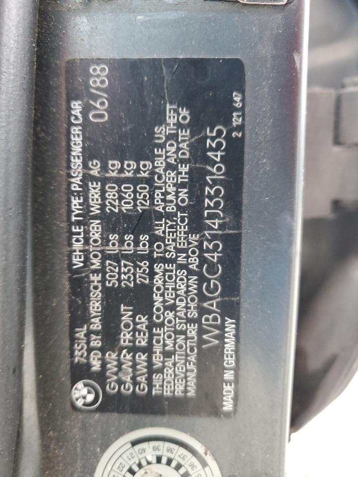 1988 BMW 735 Il VIN: WBAGC4314J3316435 Lot: 82722494
