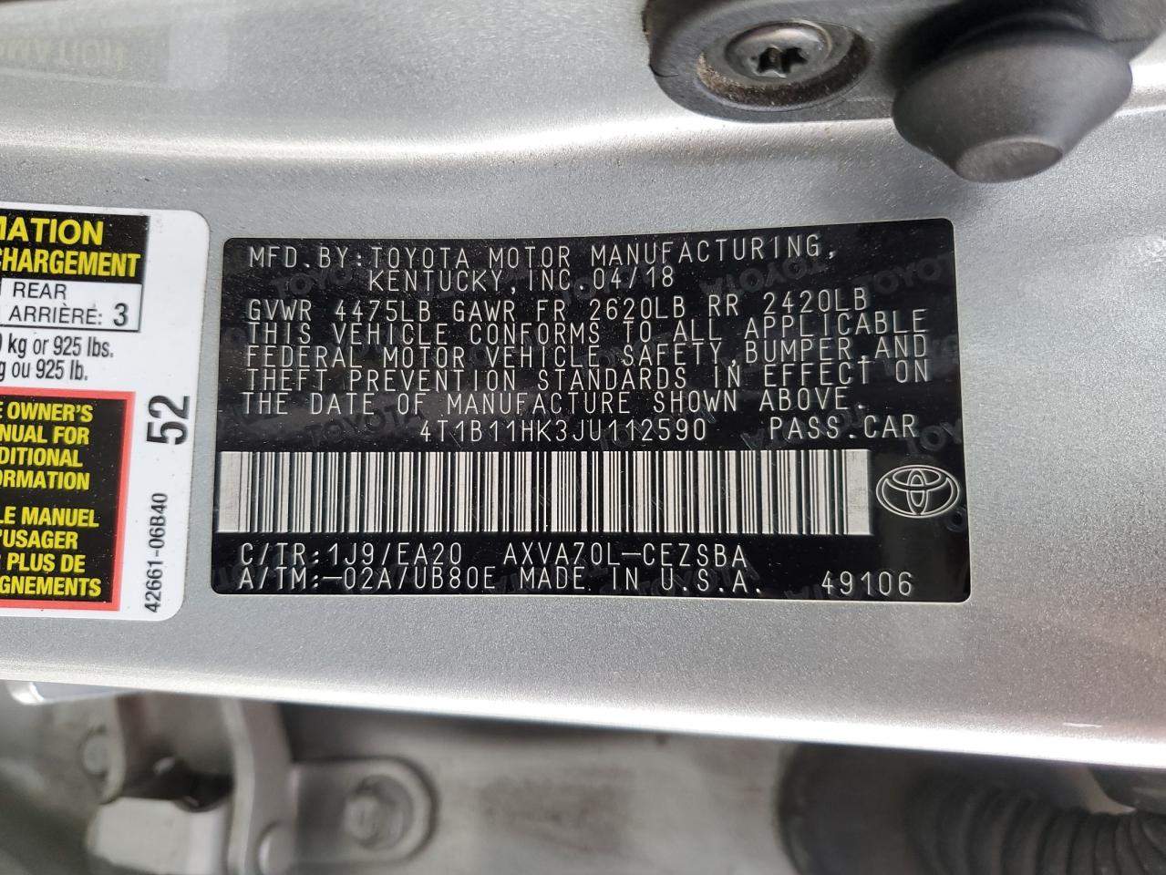 VIN 4T1B11HK3JU112590 2018 TOYOTA CAMRY no.12