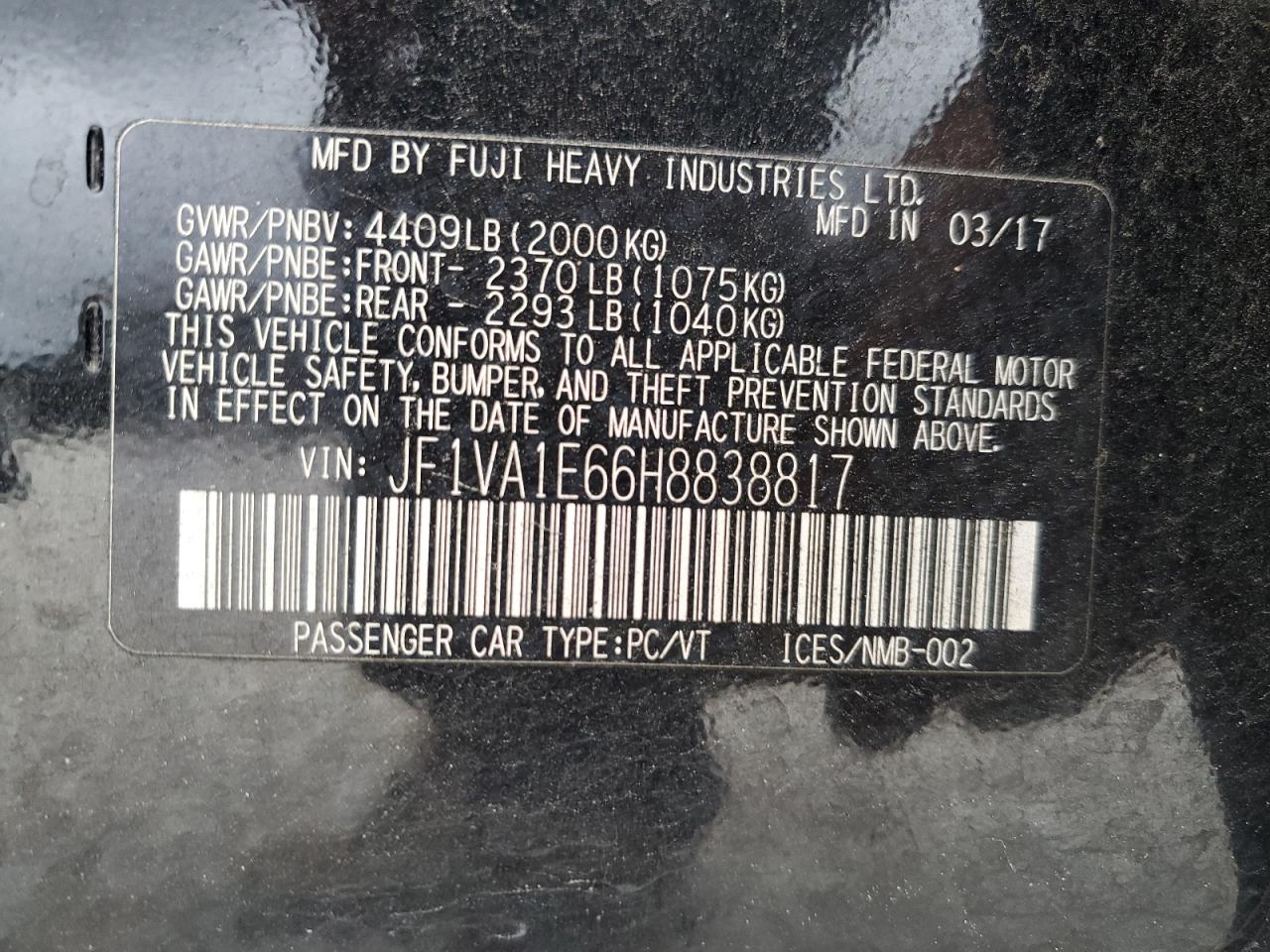 VIN JF1VA1E66H8838817 2017 SUBARU WRX no.12