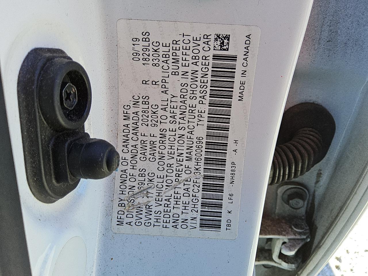 VIN 2HGFC2F63KH600696 2019 HONDA CIVIC no.12