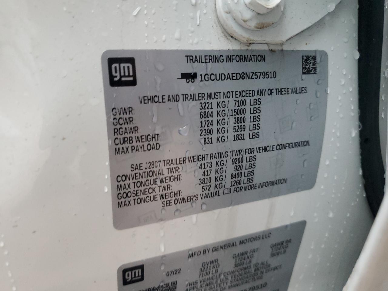 2022 Chevrolet Silverado K1500 VIN: 1GCUDAED8NZ579510 Lot: 84368554