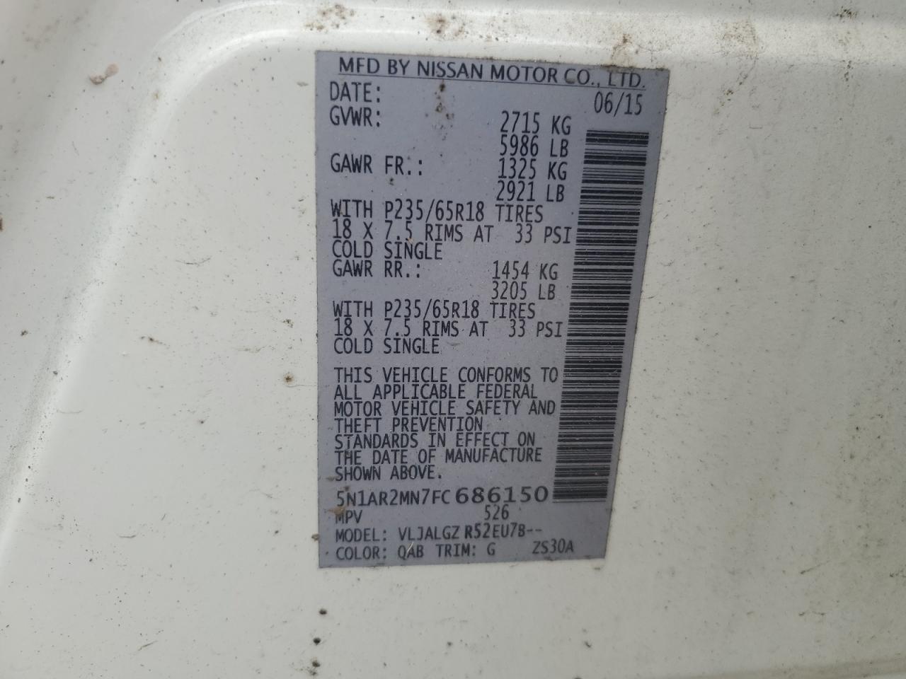 2015 Nissan Pathfinder S VIN: 5N1AR2MN7FC686150 Lot: 84095104