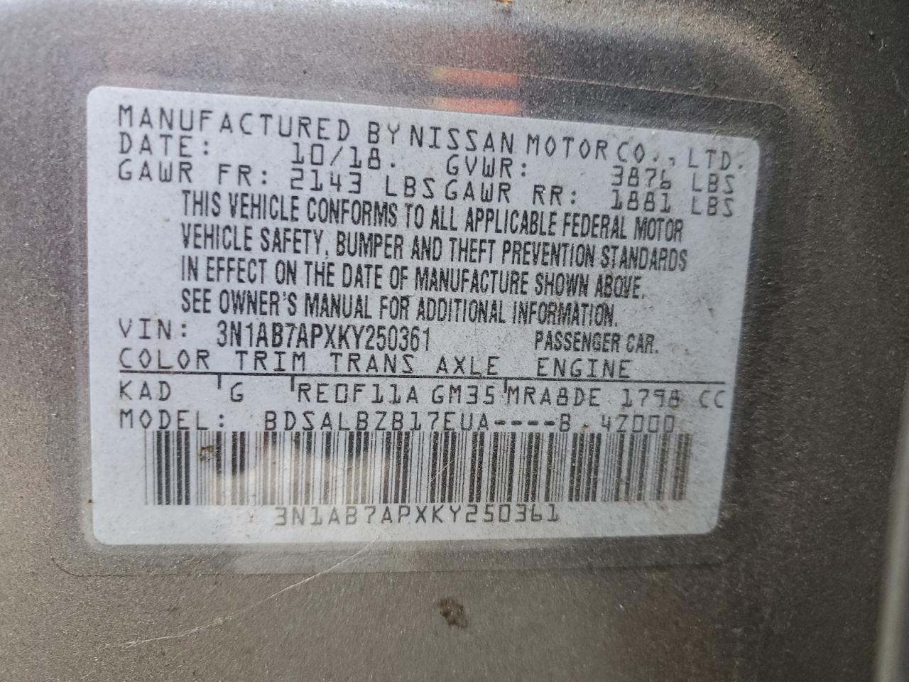 VIN 3N1AB7APXKY250361 2019 NISSAN SENTRA no.12