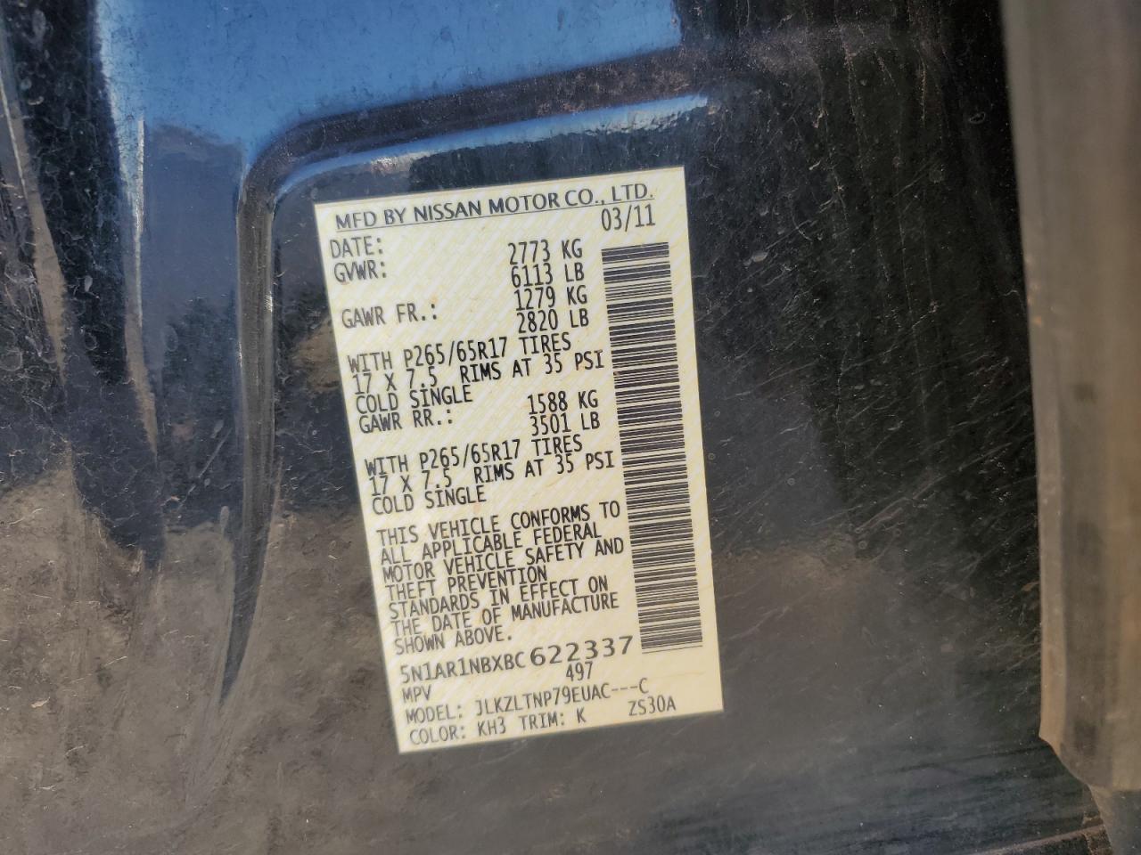 2011 Nissan Pathfinder S VIN: 5N1AR1NBXBC622337 Lot: 83421344