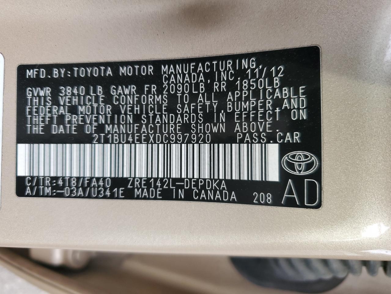 VIN 2T1BU4EEXDC997920 2013 TOYOTA COROLLA no.12