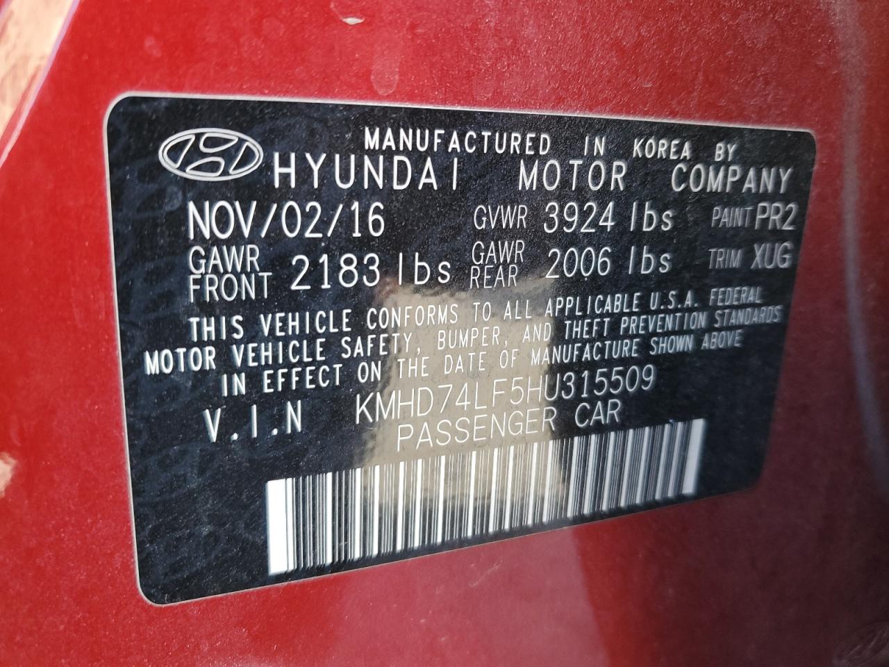 VIN KMHD74LF5HU315509 2017 HYUNDAI ELANTRA no.12