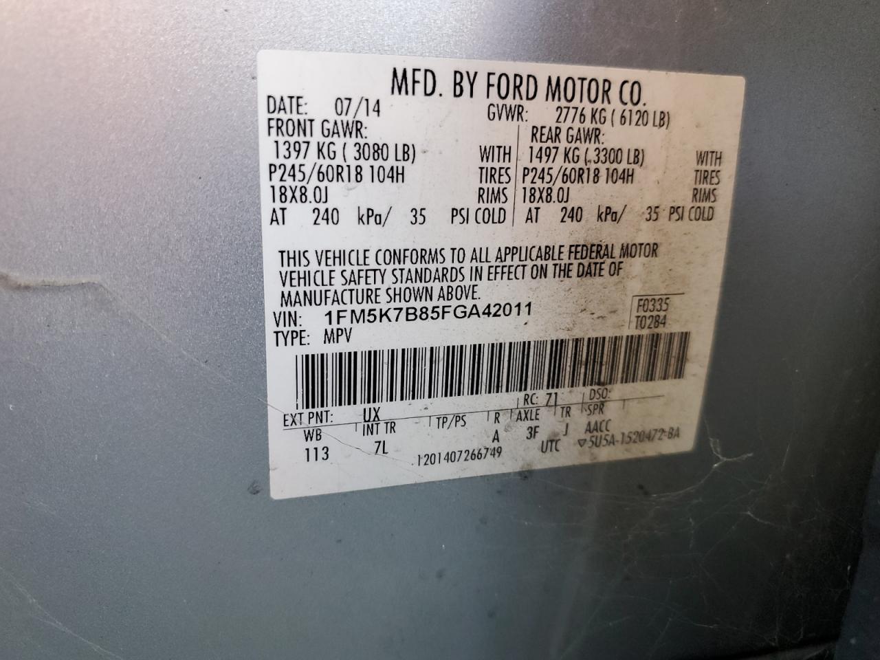 2015 Ford Explorer VIN: 1FM5K7B85FGA42011 Lot: 84564174