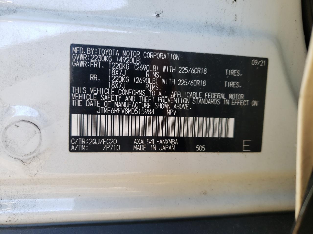 2021 Toyota Rav4 Xse VIN: JTME6RFV8MD515984 Lot: 85551854