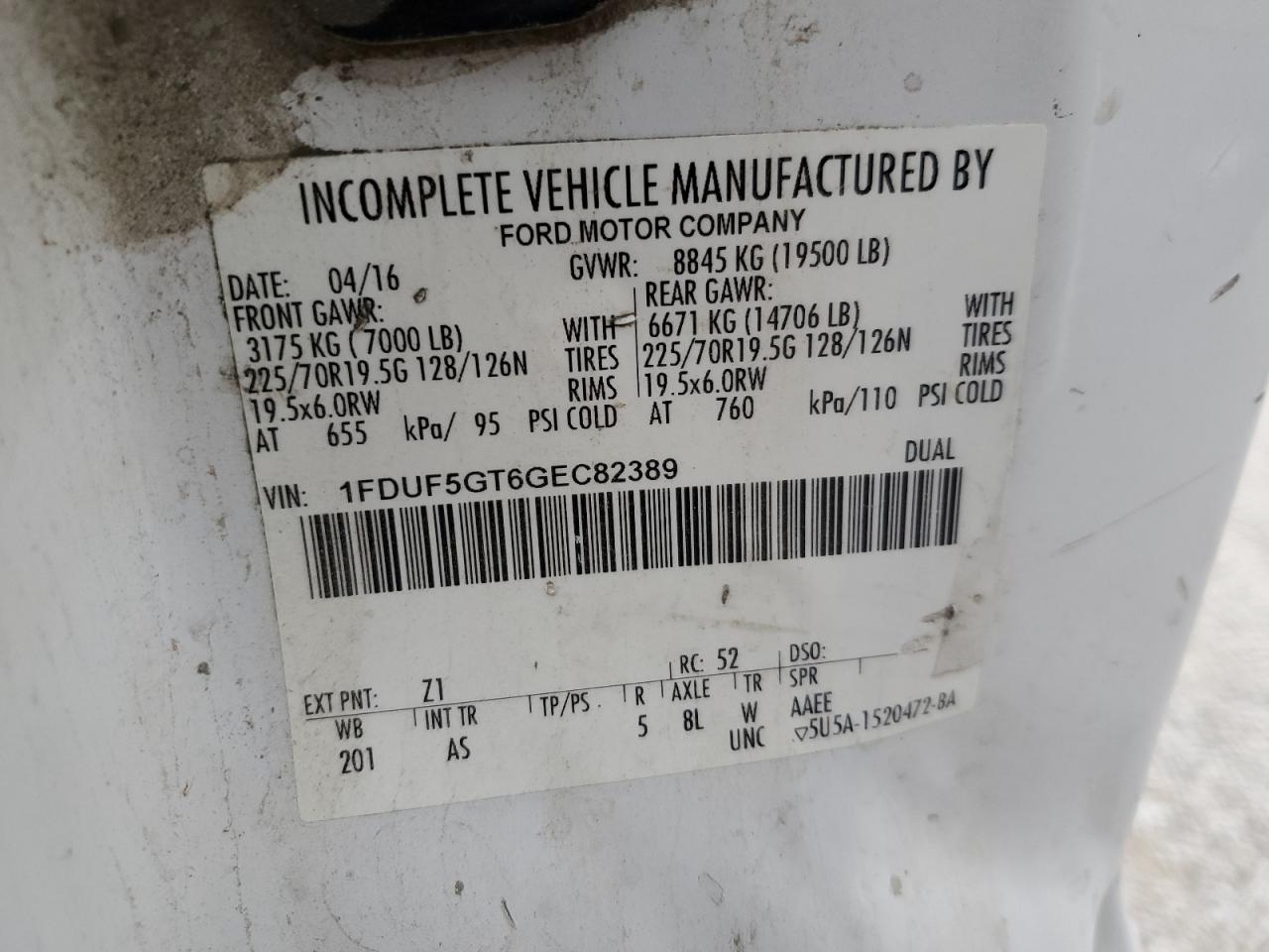 2016 Ford F550 Super VIN: XFDUF5GT6GEC82389 Lot: 82447114