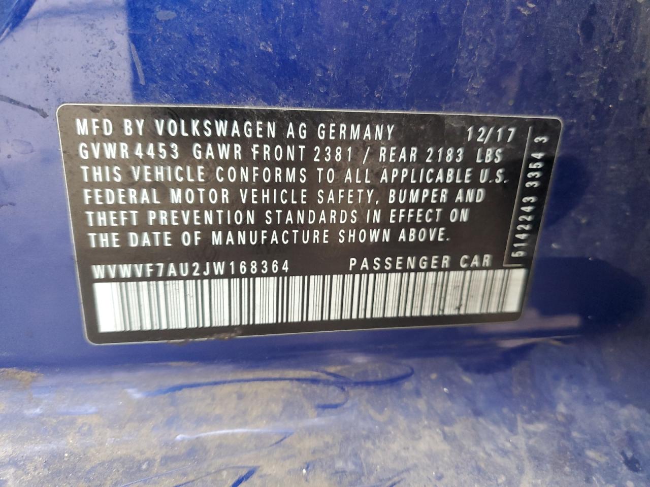 VIN WVWVF7AU2JW168364 2018 VOLKSWAGEN GOLF no.12