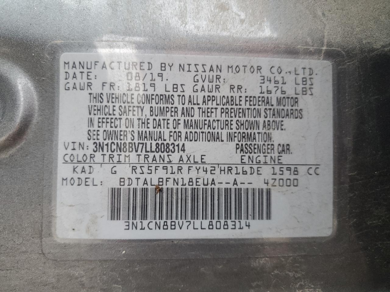 VIN 3N1CN8BV7LL808314 2020 NISSAN VERSA no.12