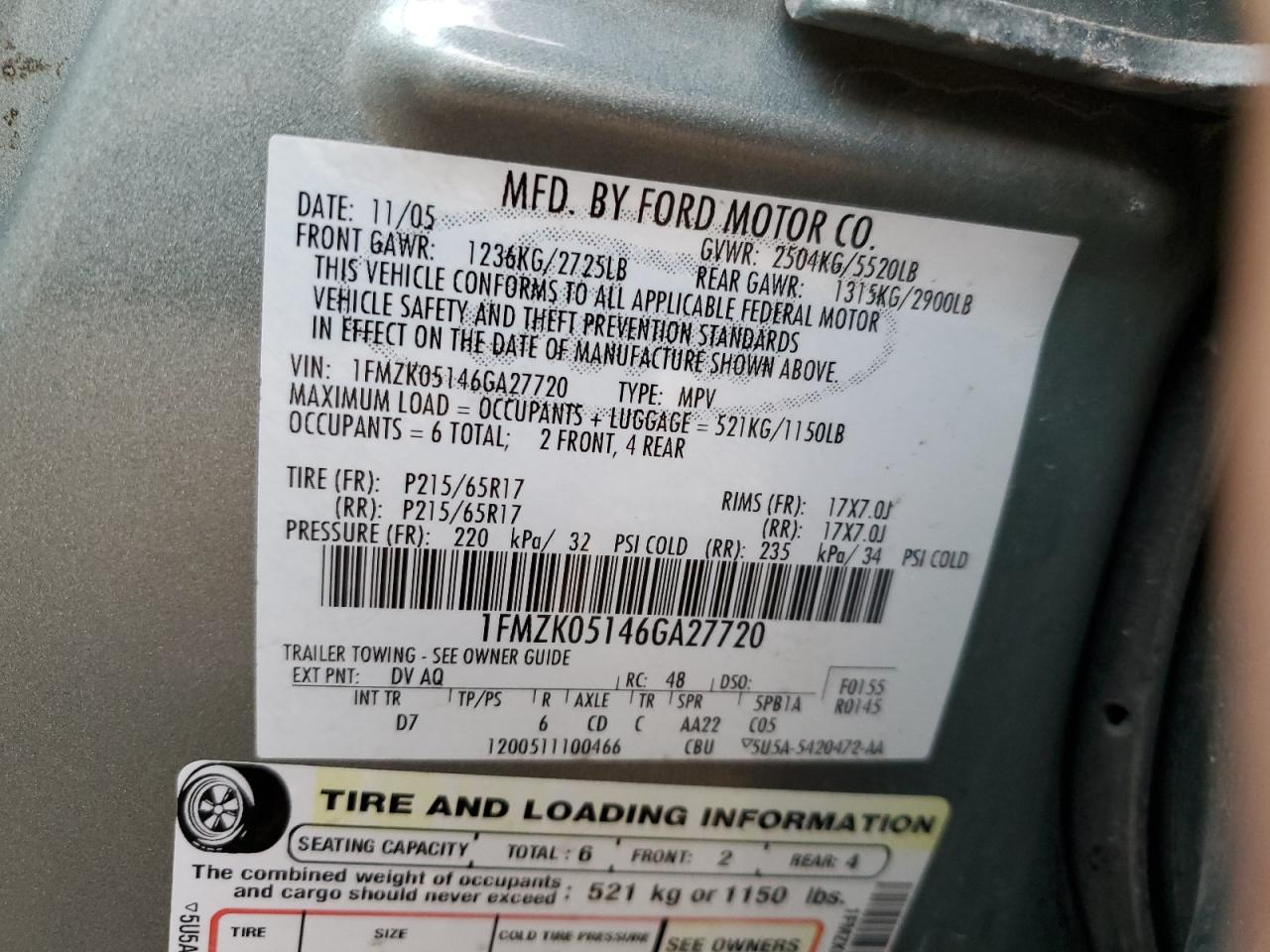 2006 Ford Freestyle Sel VIN: 1FMZK05146GA27720 Lot: 84508964