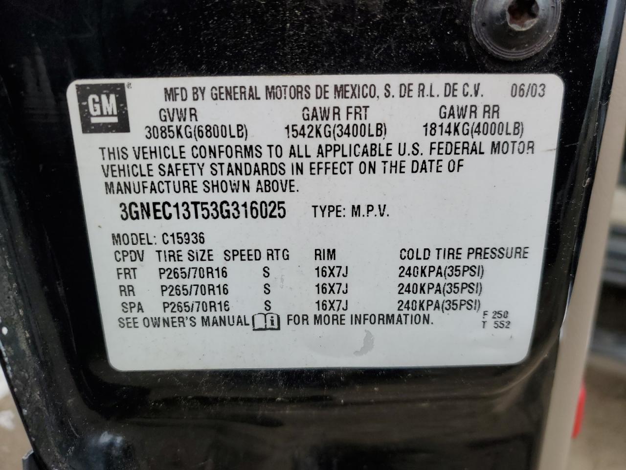 2003 Chevrolet Avalanche C1500 VIN: 3GNEC13T53G316025 Lot: 83235524