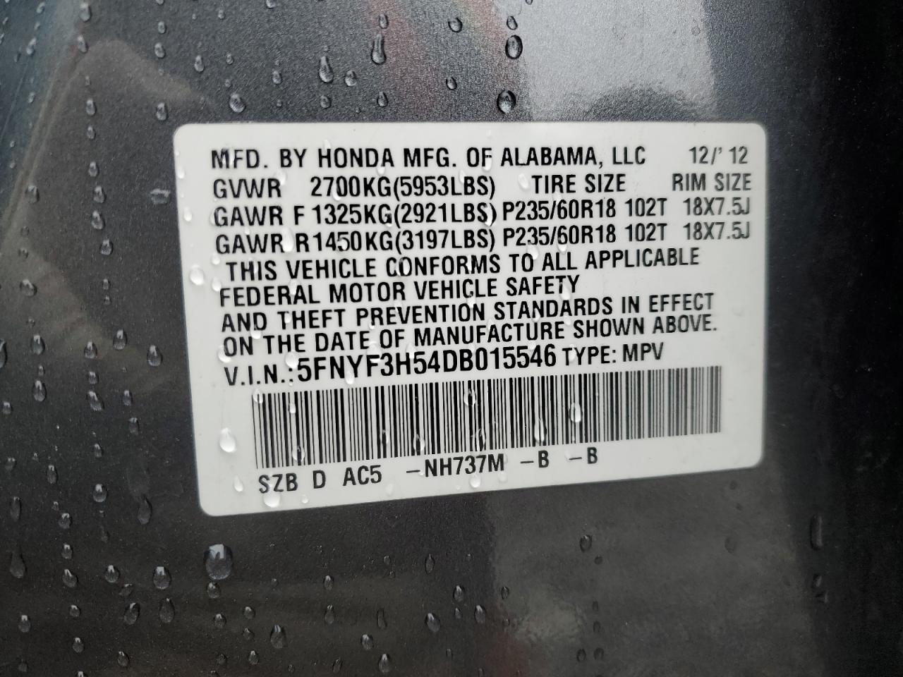 VIN 5FNYF3H54DB015546 2013 HONDA PILOT no.13