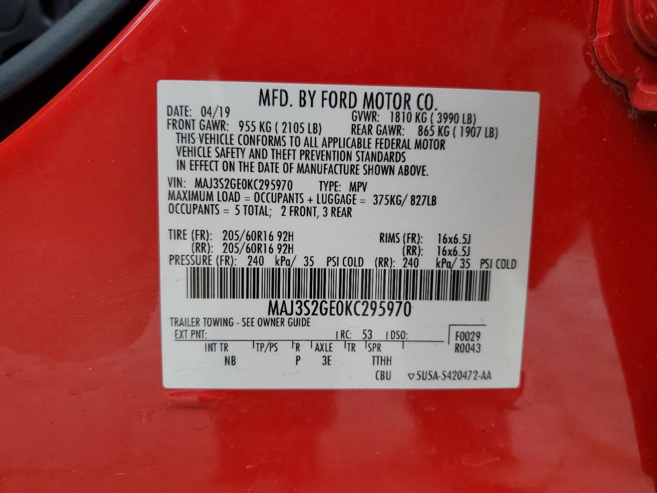 2019 Ford Ecosport Se VIN: MAJ3S2GE0KC295970 Lot: 85570924