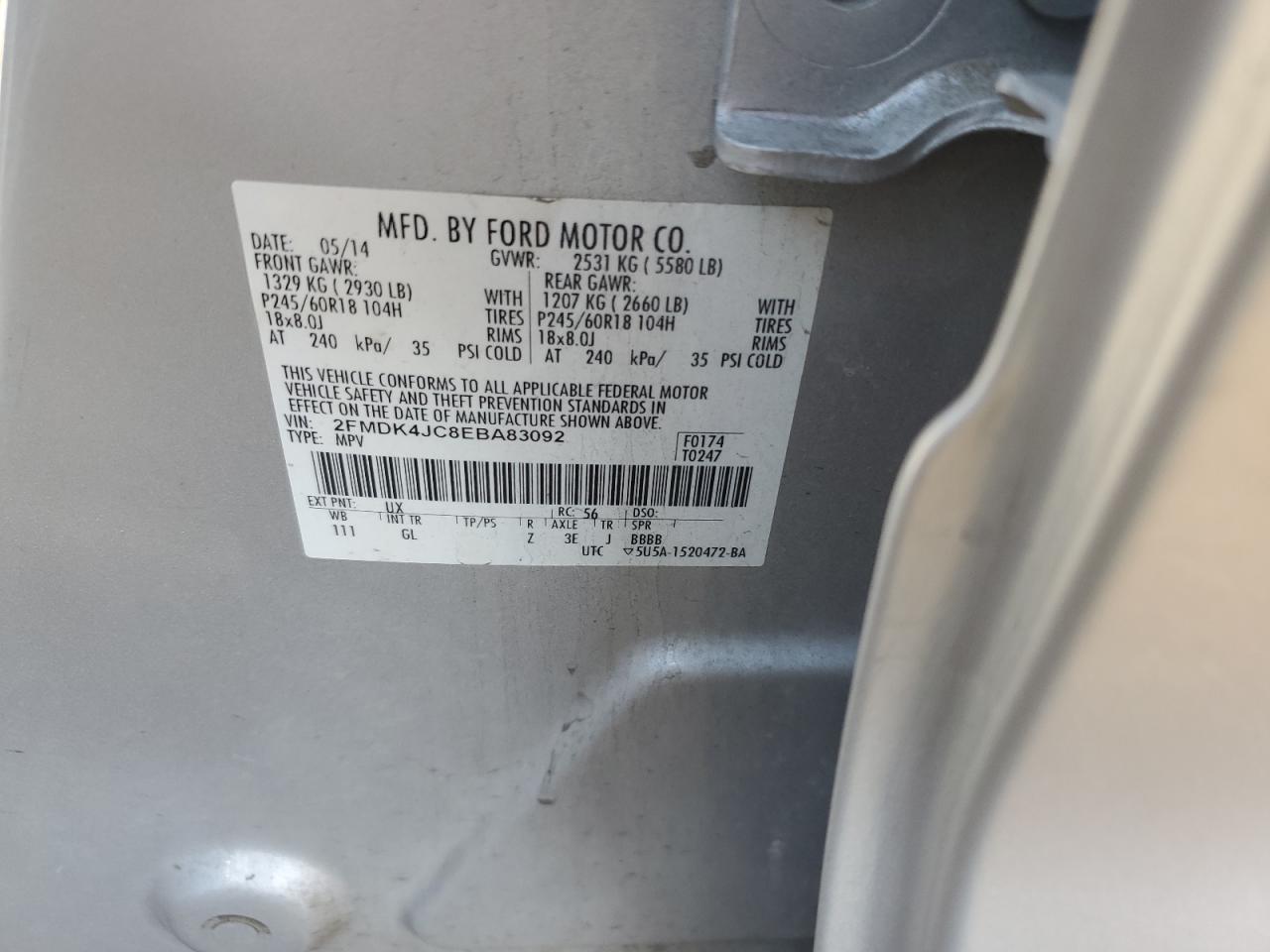 2014 Ford Edge Sel VIN: 2FMDK4JC8EBA83092 Lot: 83082514