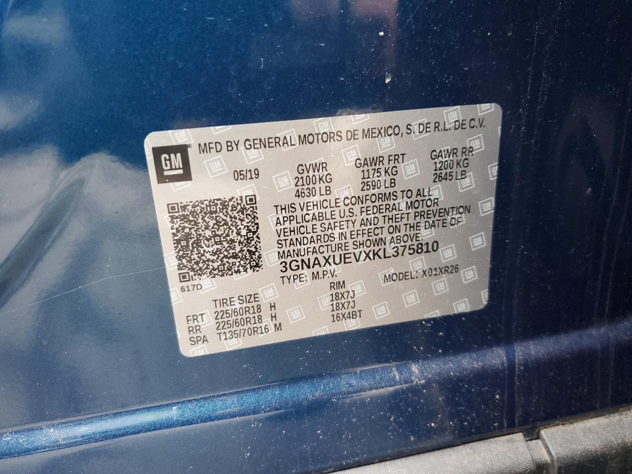 2019 Chevrolet Equinox Lt VIN: 3GNAXUEVXKL375810 Lot: 82888504